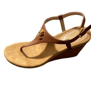 Lauren Ralph Lauren Reeta Cork Brown Leather Wedge Thong Sandals Womens Sz 